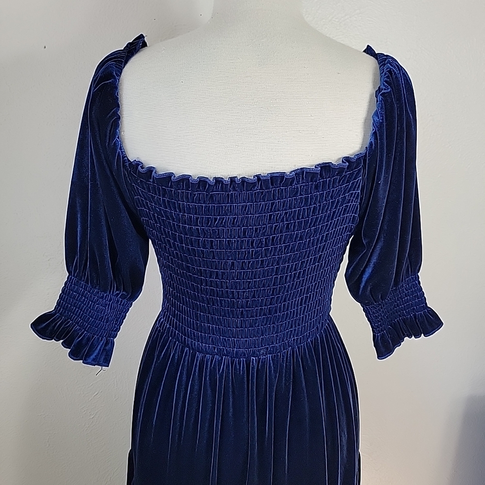 R Vivimos Blue Velvet Smocked Tiered Dress Medium - Picture 6 of 13